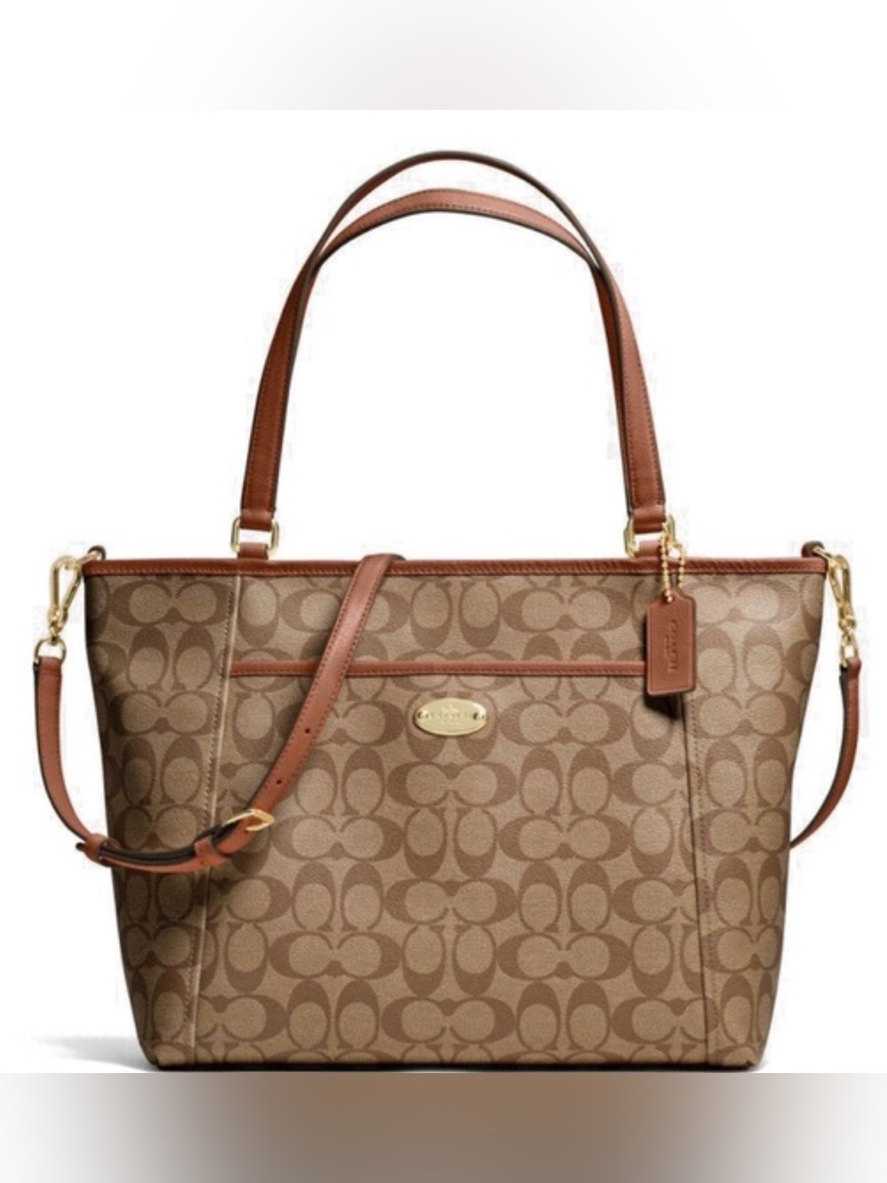 Coach Peyton Signature Logo Canvas Pocket Tote in Khaki/Saddle - Picture 2 of 16